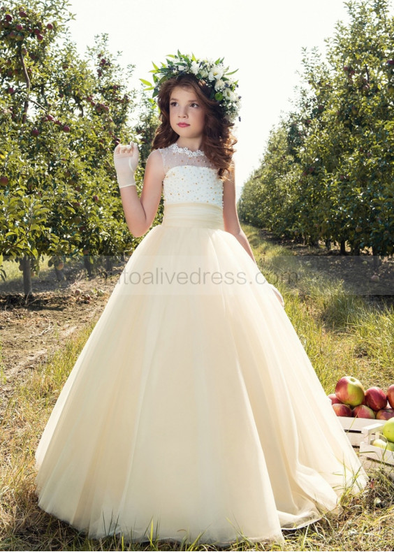 Sleeveless Beaded Champagne Tulle Corset Back Floor Length Flower Girl Dress